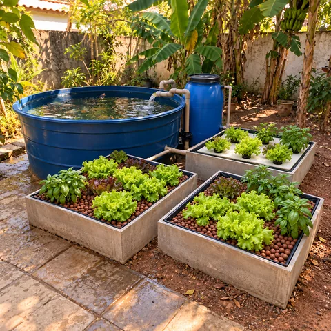 Cena ilustrativa de peixes + horta em quintal térreo